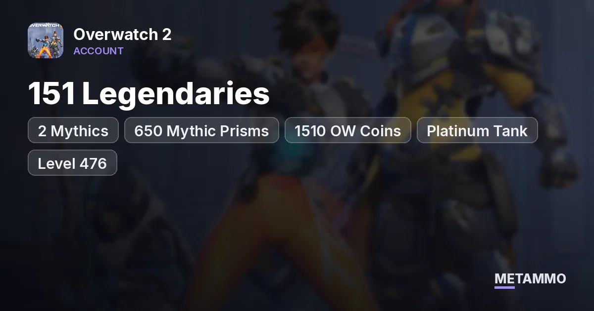 151 Legendaries | 2 Mythics | 650 Mythic Prisms | 1510 OW Coins | Platinum Tank | Level 476 - Overwatch 2 account summary