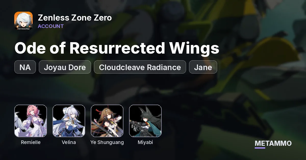 NA | Remielle + Ode of Resurrected Wings | Velina + Joyau Dore | Ye Shunguang + Cloudcleave Radiance | Miyabi | Jane - Zenless Zone Zero account summary