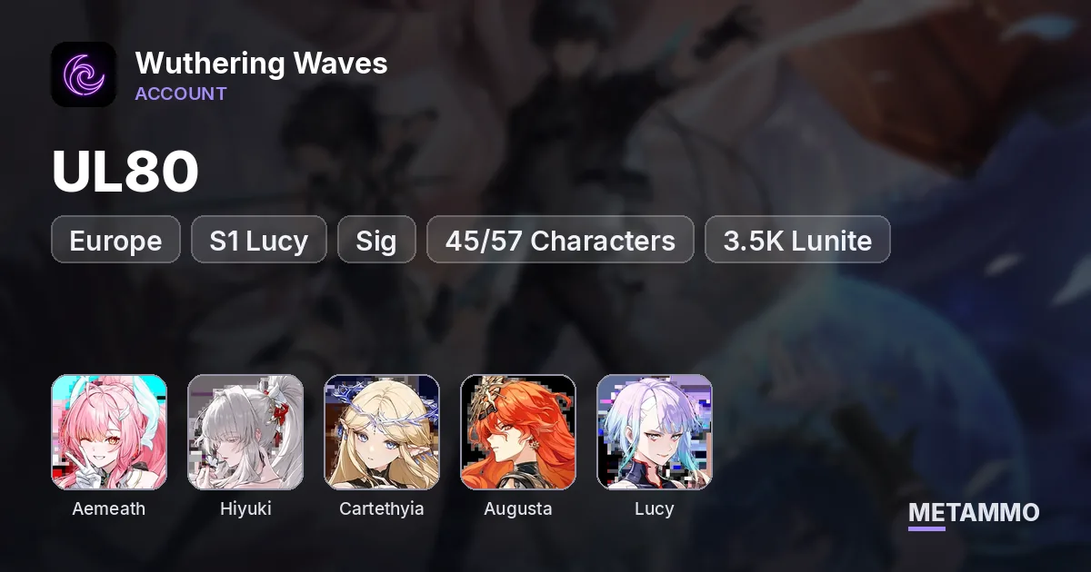 EU UL80 | Sig Aemeath, Hiyuki, Cartethyia, Augusta | S1 Lucy + Sig | 45/57 Characters | 3.5K Lunite - Wuthering Waves account summary