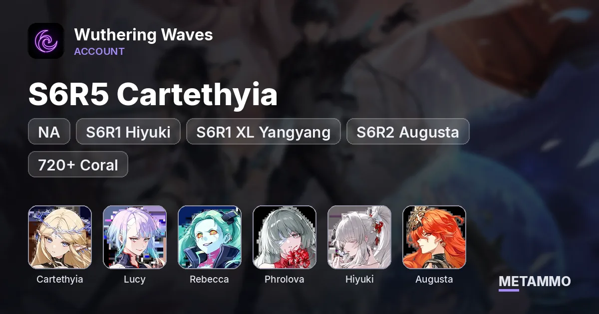 NA | S6R5 Cartethyia, Lucy, Rebecca, Phrolova | S6R1 Hiyuki | S6R1 XL Yangyang | S6R2 Augusta | 720+ Coral - Wuthering Waves account summary