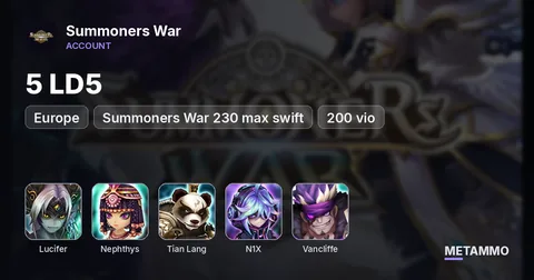 Summoners War 5 LD5 EU Lucifer Nephthys Tian Lang N1X Vancliffe 230 max swift | 200 vio