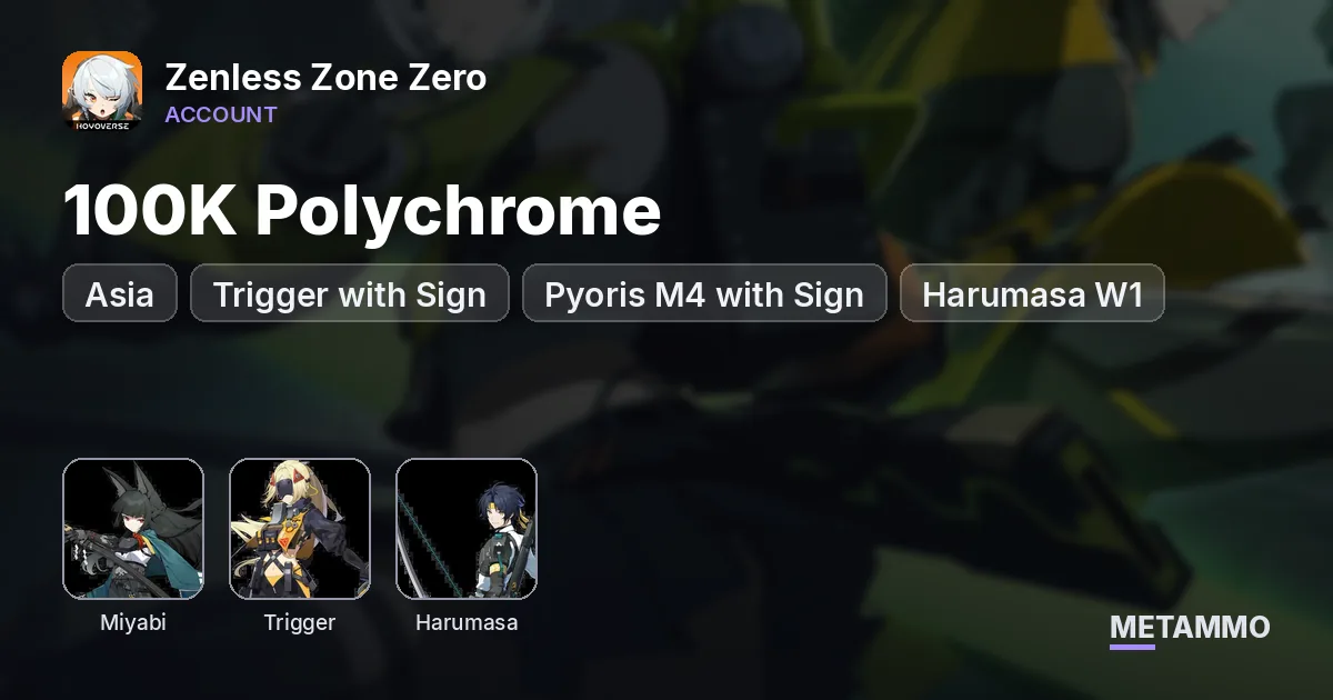 Asia | 100K Polychrome | Miyabi | Trigger with Sign | Pyoris M4 with Sign | Harumasa W1 - Zenless Zone Zero account summary