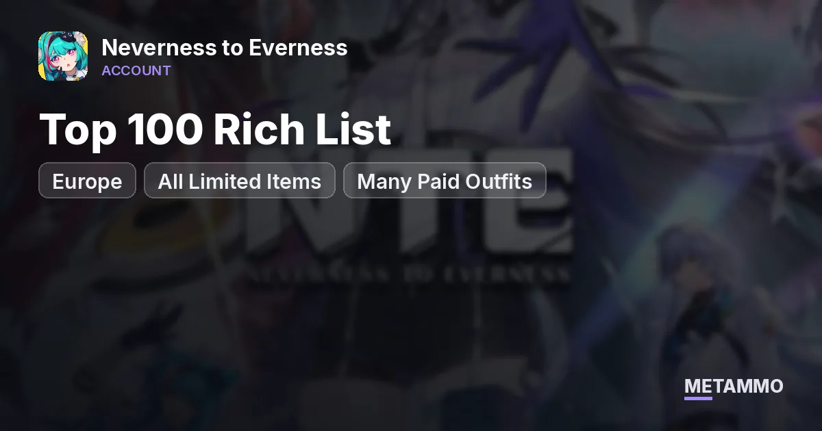 EU Region | All Limited Items | Top 100 Rich List | Many Paid Outfits - Neverness to Everness account summary