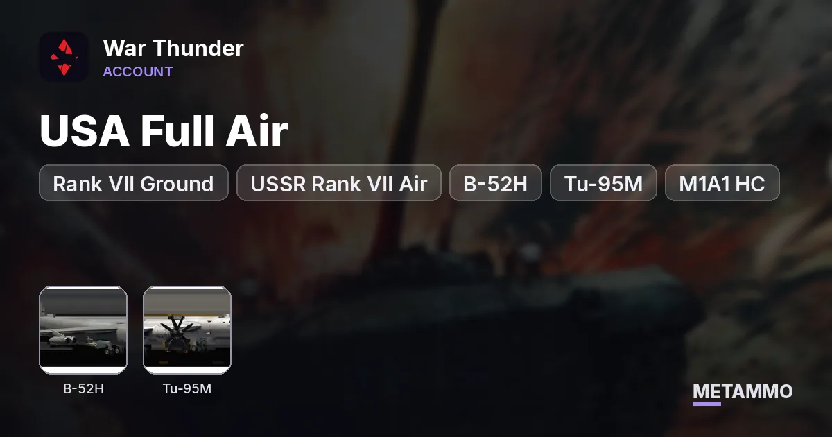 USA Full Air + Rank VII Ground, USSR Rank VII Air | B-52H, Tu-95M, M1A1 HC | Rare P-51A, M24 | Level 100 | 5M+ SL - War Thunder account summary