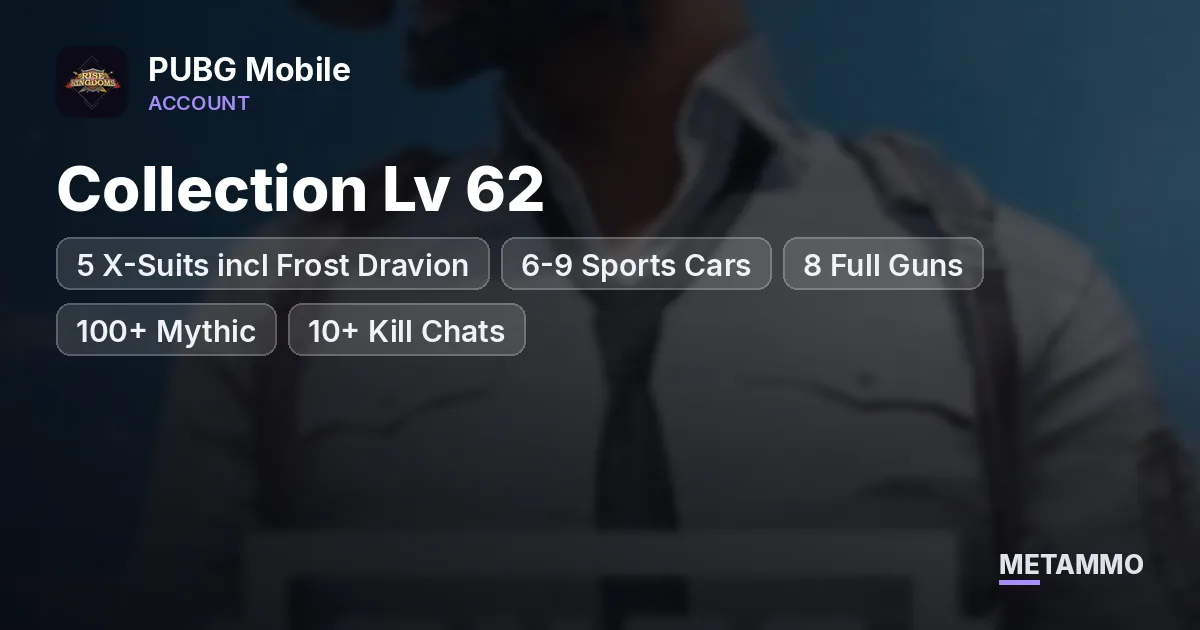 5 X-Suits incl Frost Dravion | 6-9 Sports Cars | 8 Full Guns | Collection Lv 62 | 100+ Mythic | 10+ Kill Chats - PUBG Mobile account summary