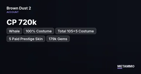 Whale | CP 720k | 100% Costume | Total 105+5 Costume| 5 Paid Prestige Skin | 179k Gems