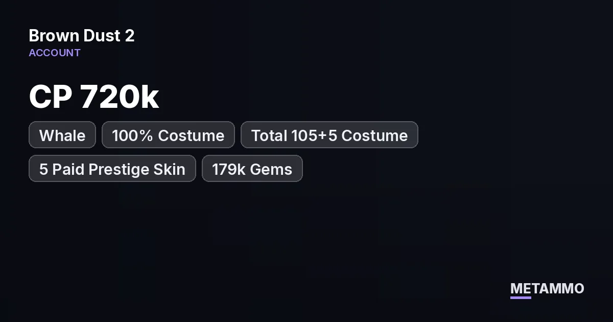 Whale | CP 720k | 100% Costume | Total 105+5 Costume| 5 Paid Prestige Skin | 179k Gems - Brown Dust 2 account summary