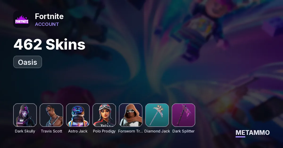 462 Skins | Dark Skully | Travis Scott | Astro Jack | Forsworn Trooper | Polo Prodigy | Diamond Jack | Dark Splitter | Oasis - Fortnite account summary