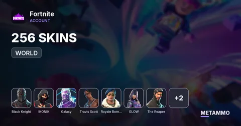 256 SKINS + BLACK KNIGHT + IKONIK + GALAXY + RUE + TRAVIS SCOTT + ROYALE BOMBER + GLOW + THE REAPER + MERRY MINT AXE + WORLD