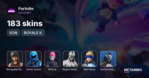 183 skins + OG RENEGADE RAIDER + HONOR GUARD + EON + WILDCAT + ROGUE SPIDER KNIGHT + HUNTMASTER SABER + NEO VERSA + ROYALE K