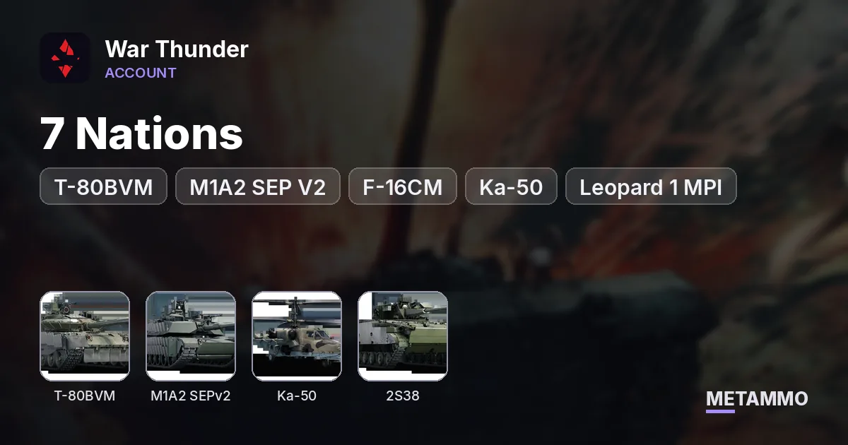 7 Nations | T-80BVM, M1A2 SEP V2, F-16CM, Ka-50, Leopard 1 MPI | Premium 2S38, CV 90105, Stryker Wolfpack - War Thunder account summary