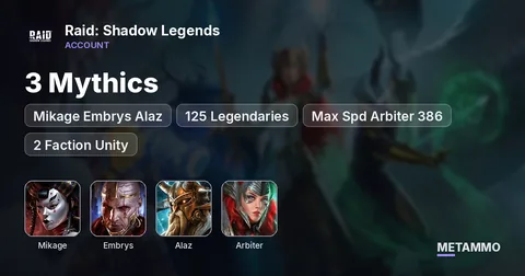 3 Mythics | Mikage Embrys Alaz | 125 Legendaries | Max Spd Arbiter 386 | 2 Faction Unity