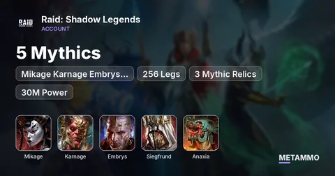 5 Mythics | Mikage Karnage Embrys Siegfrund Anaxia | 256 Legs | 3 Mythic Relics | 30M Power