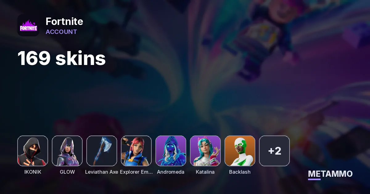 169 skins | IKONIK | Glow | Levi Axe | Andromeda | Explorer Emilie | Katalina | Backlash | Menace | Mecha Cuddle Master - Fortnite account summary