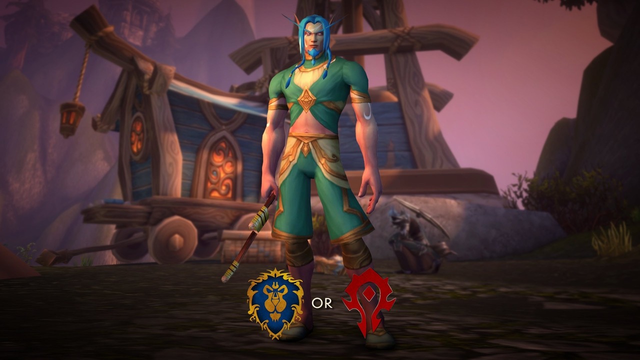 A Skyborne character with the Alliance and Horde crests