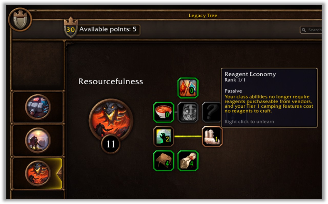 The Legacy Tree window showing the Resourcefulness tree