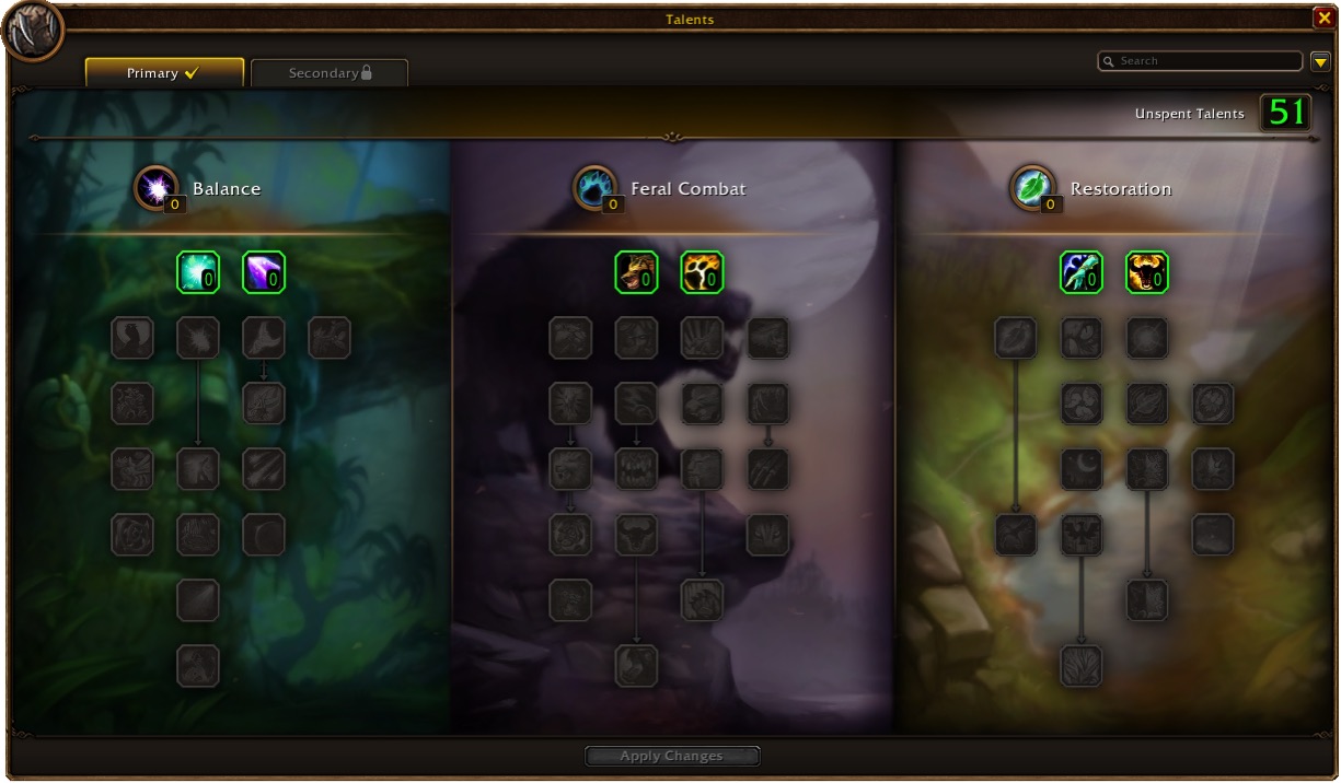 Druid talent window with Balance, Feral Combat and Restoration trees
