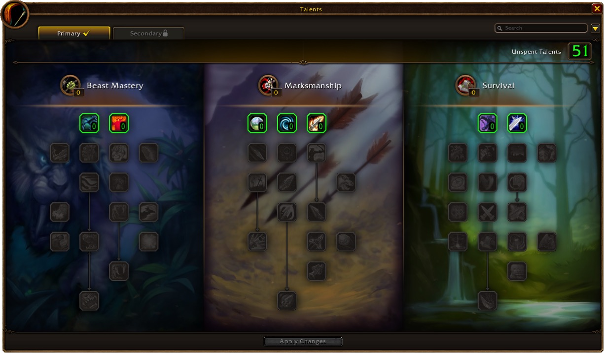 Hunter talent window with Beast Mastery, Marksmanship and Survival trees