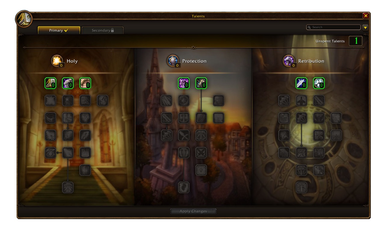 Paladin talent window with Holy, Protection and Retribution trees