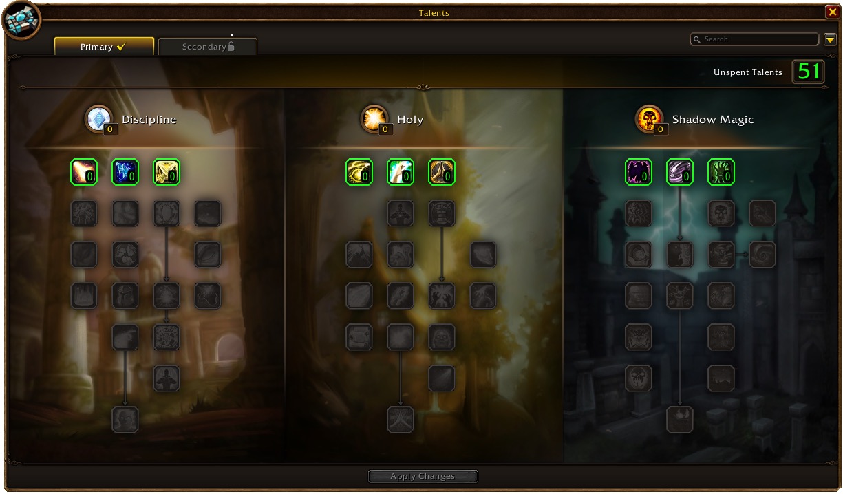 Priest talent window with Discipline, Holy and Shadow Magic trees