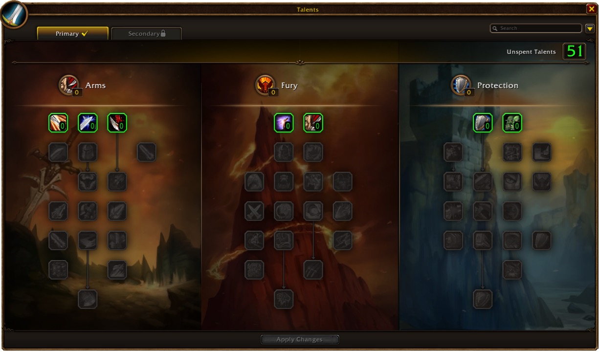 Warrior talent window with Arms, Fury and Protection trees