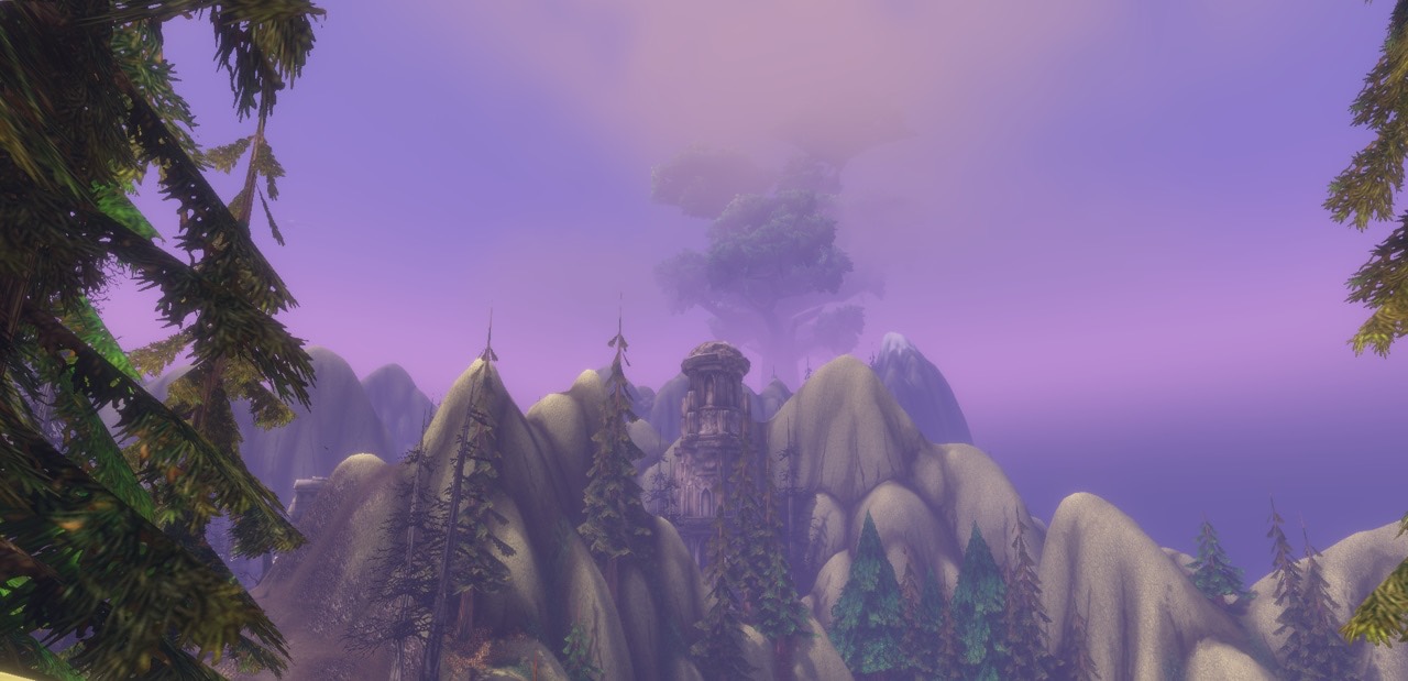 Mountain peaks under a purple sky on Mount Hyjal