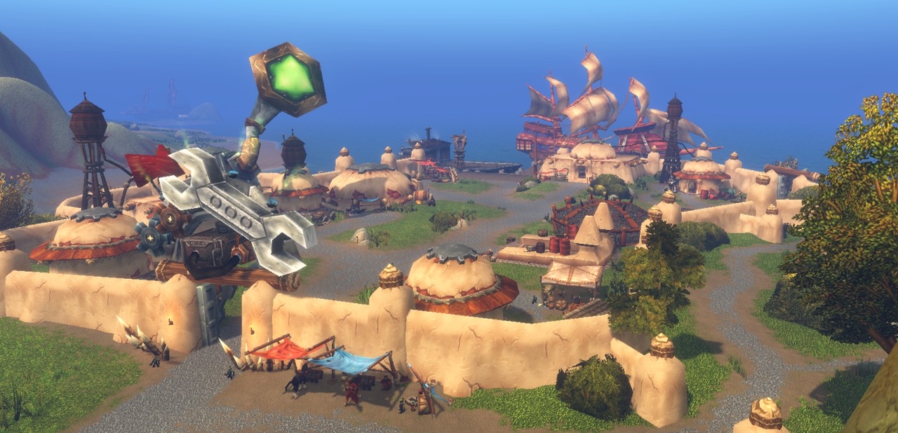 Goblin port town with cranes and a zeppelin