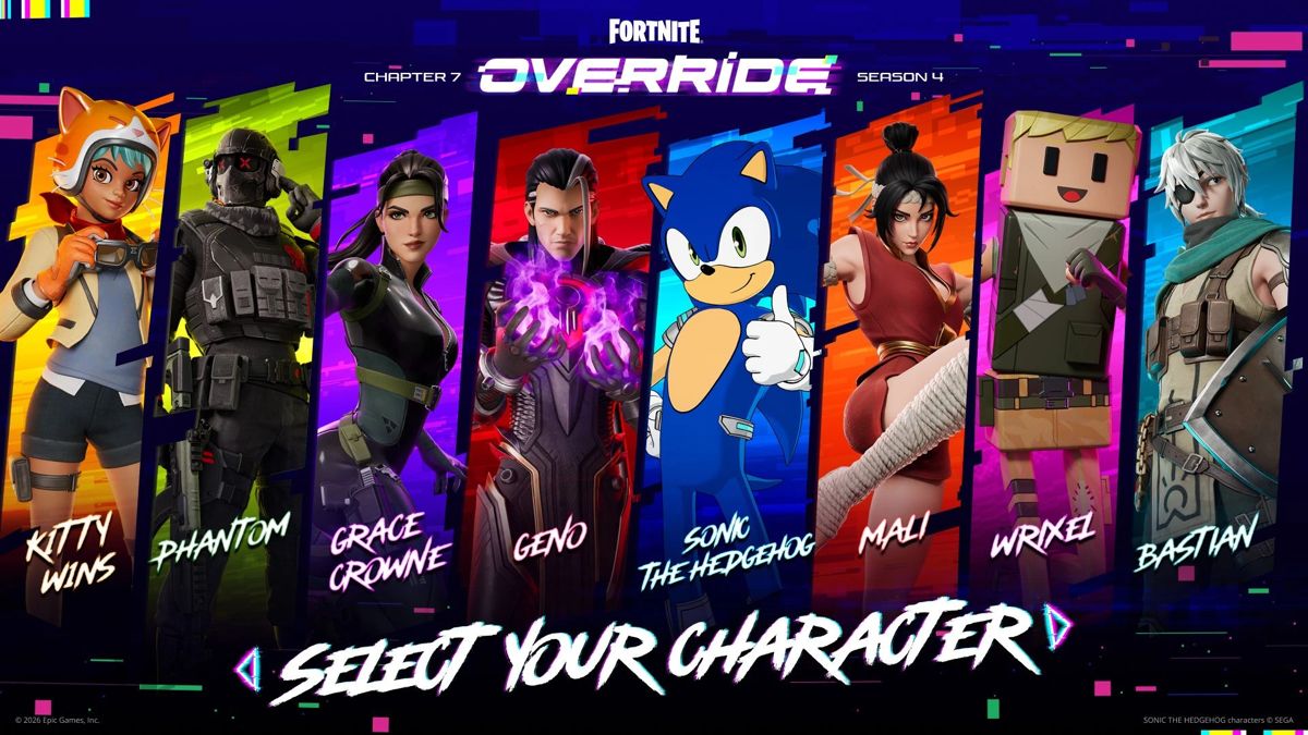 Fortnite Override Battle Pass key art with Sonic the Hedgehog and the season’s characters