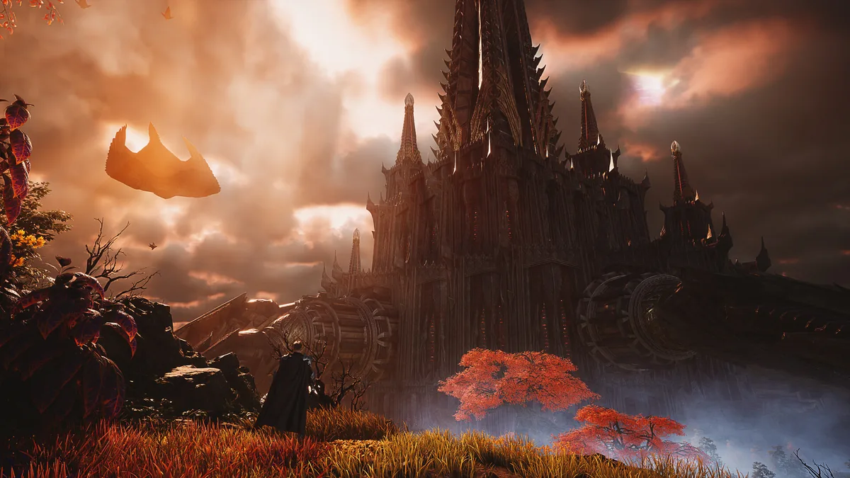 A gothic castle under a red sky in AION 2