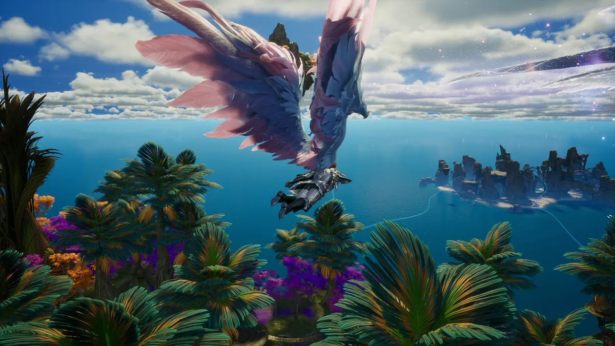 A winged AION 2 character flying over a tropical sea