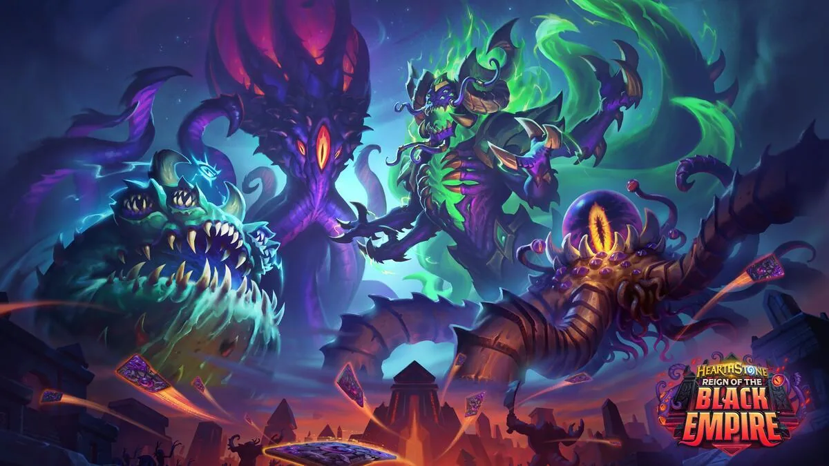 Hearthstone Reign of the Black Empire key art with the Old Gods