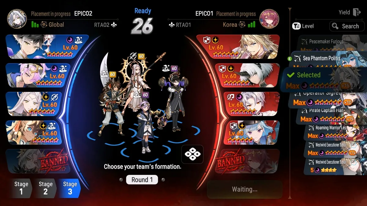 Epic Seven hero draft screen with two teams of leveled heroes