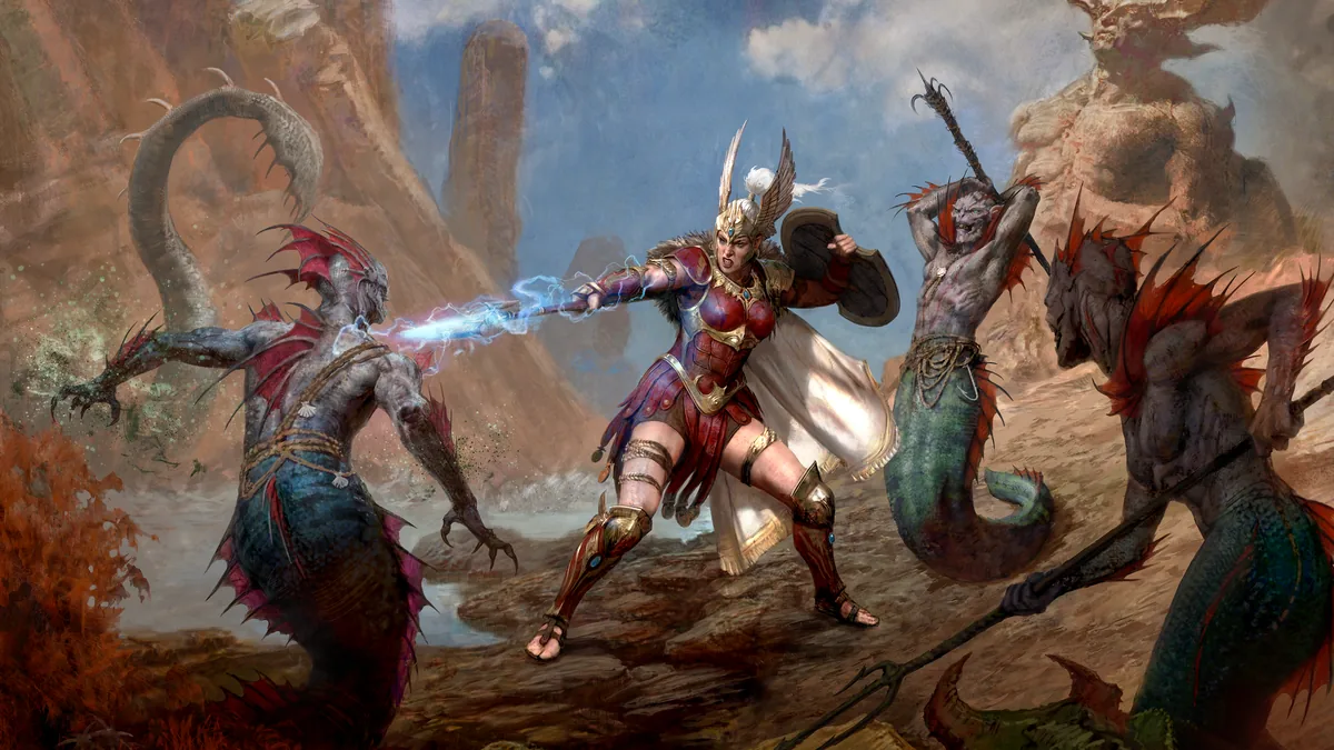 The Amazon class fighting serpent creatures in Diablo IV key art