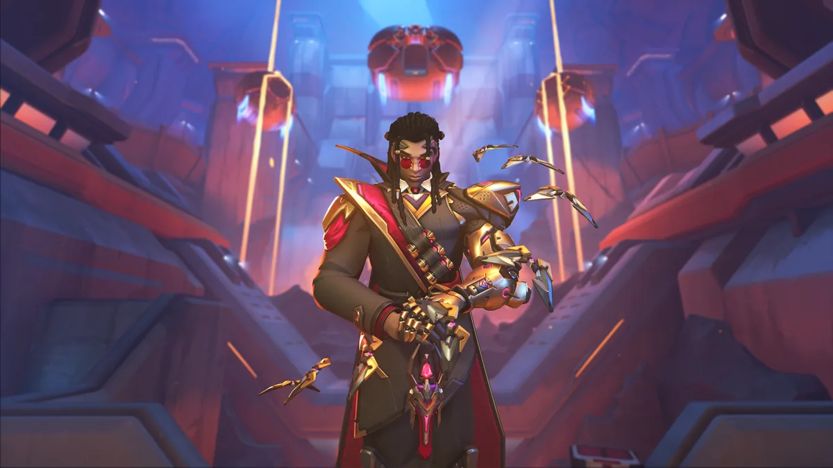 Doctrine, the new Overwatch Support hero, standing in a red-lit hall