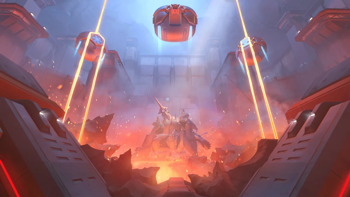 Watchpoint: Grímsvötn, the Season 5 Overwatch map, with a prison core and red lasers