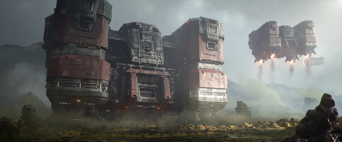 Terran Dominion structures landing on a misty planet in StarCraft