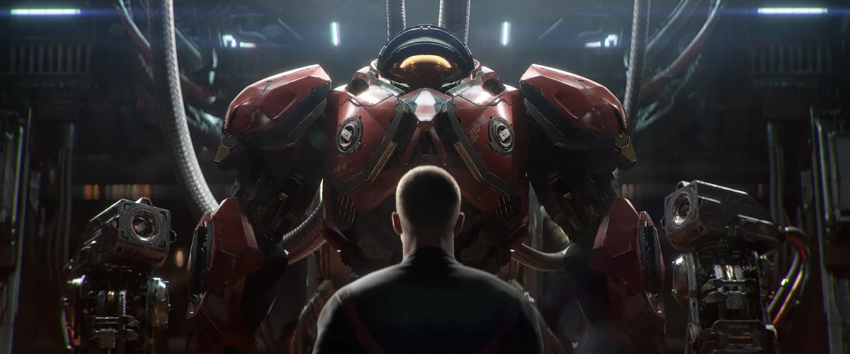 A Terran Dominion marine suit being assembled in a hangar in StarCraft