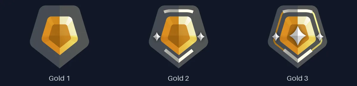 Valorant Gold 1, Gold 2 and Gold 3 rank icons