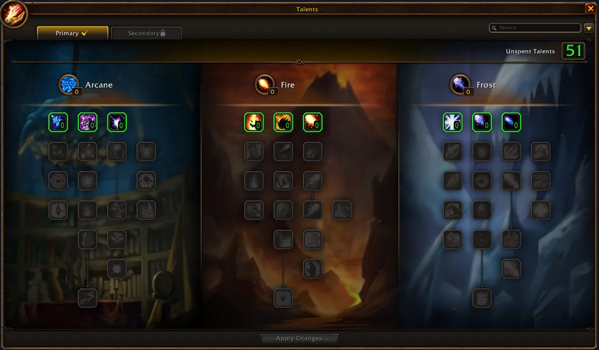 WoW Forever Mage talent window with Arcane, Fire and Frost trees and 51 talent points