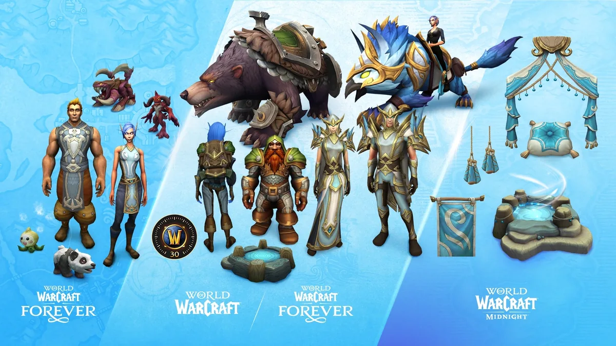 WoW Forever digital bundle contents: Skyborne Epic Pack mounts, pets, armour sets and decorations
