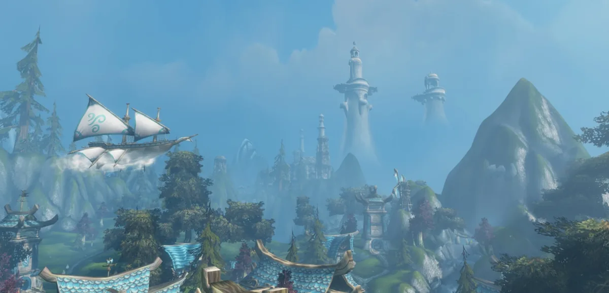Skyborne towers and an airship over Zephras Isle in WoW Forever