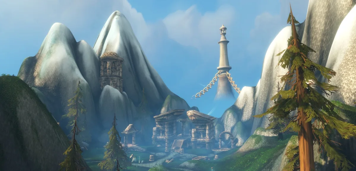 Skyborne buildings among snowy peaks on Zephras Isle