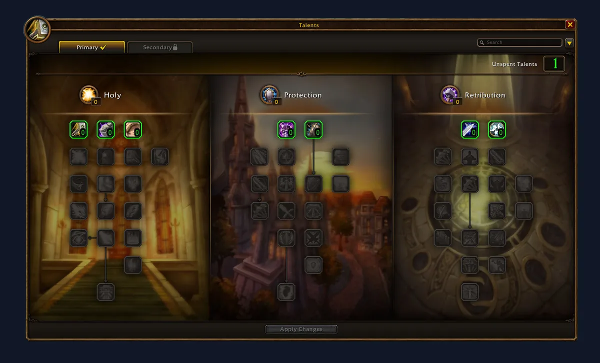 WoW Forever Paladin talent window with Holy, Protection and Retribution trees and Primary and Secondary spec tabs
