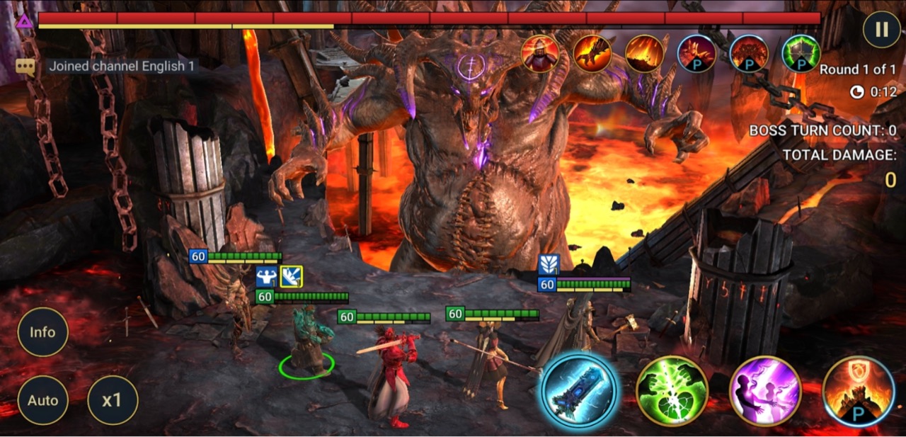 In-game screenshot: a team fighting the Demon Lord Clan Boss