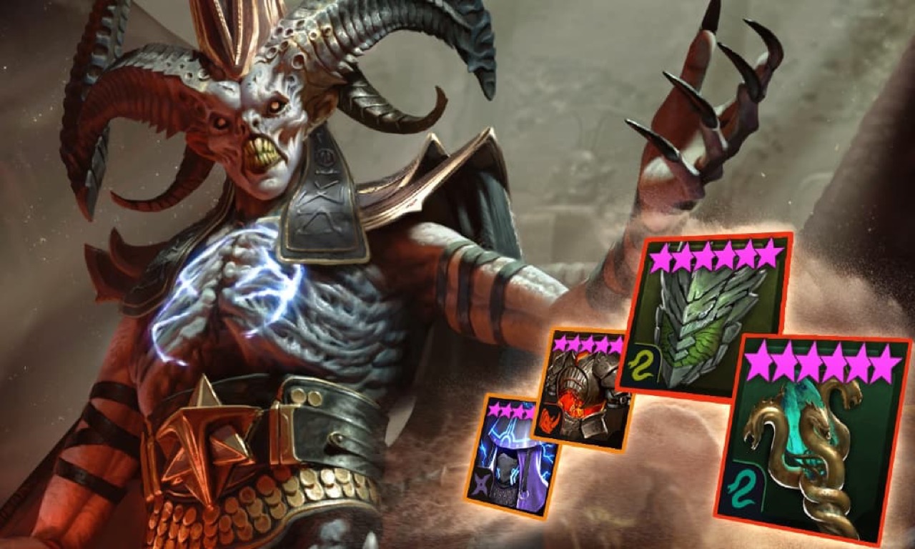 Official art: Al-Naemeh the Sand Devil (Sand Devil's Necropolis dungeon) with artifact icons