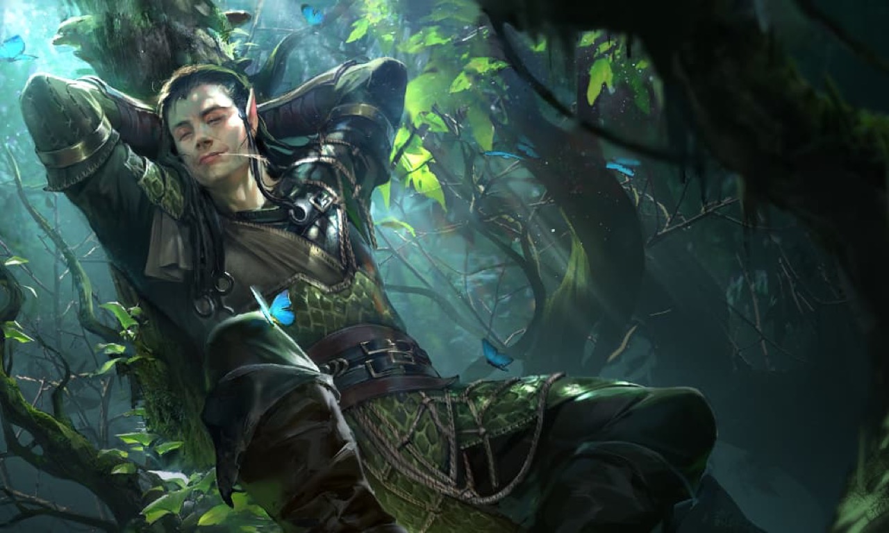 Official art: a Sylvan Watchers faction champion in a forest setting