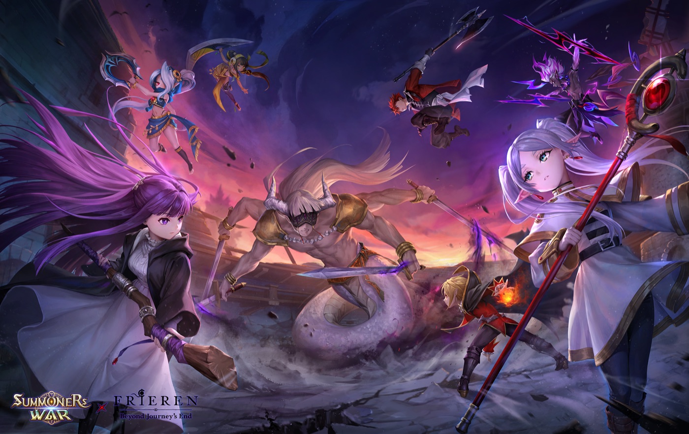 Official Summoners War × Frieren: Beyond Journey’s End collaboration key art showing Frieren, Fern and Stark alongside Summoners War monsters