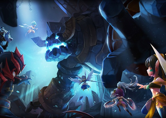 Official Summoners War art: monsters attacking a crystal golem in a blue cavern