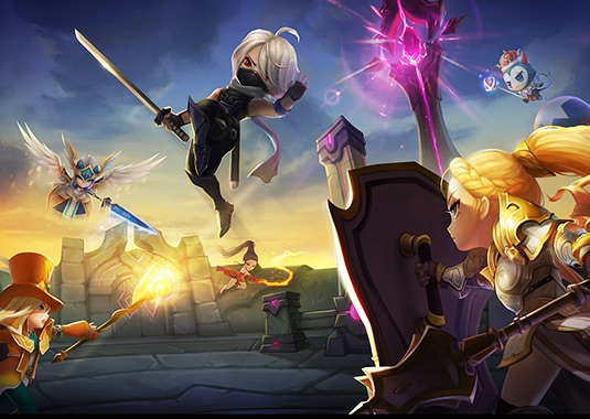 Official Summoners War art: monsters clashing in a PvP battle on a stone arena