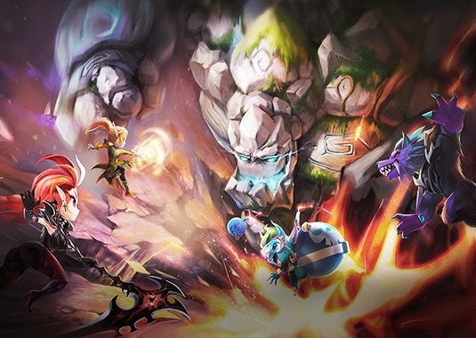 Official Summoners War art: a team of monsters fighting a giant stone golem boss
